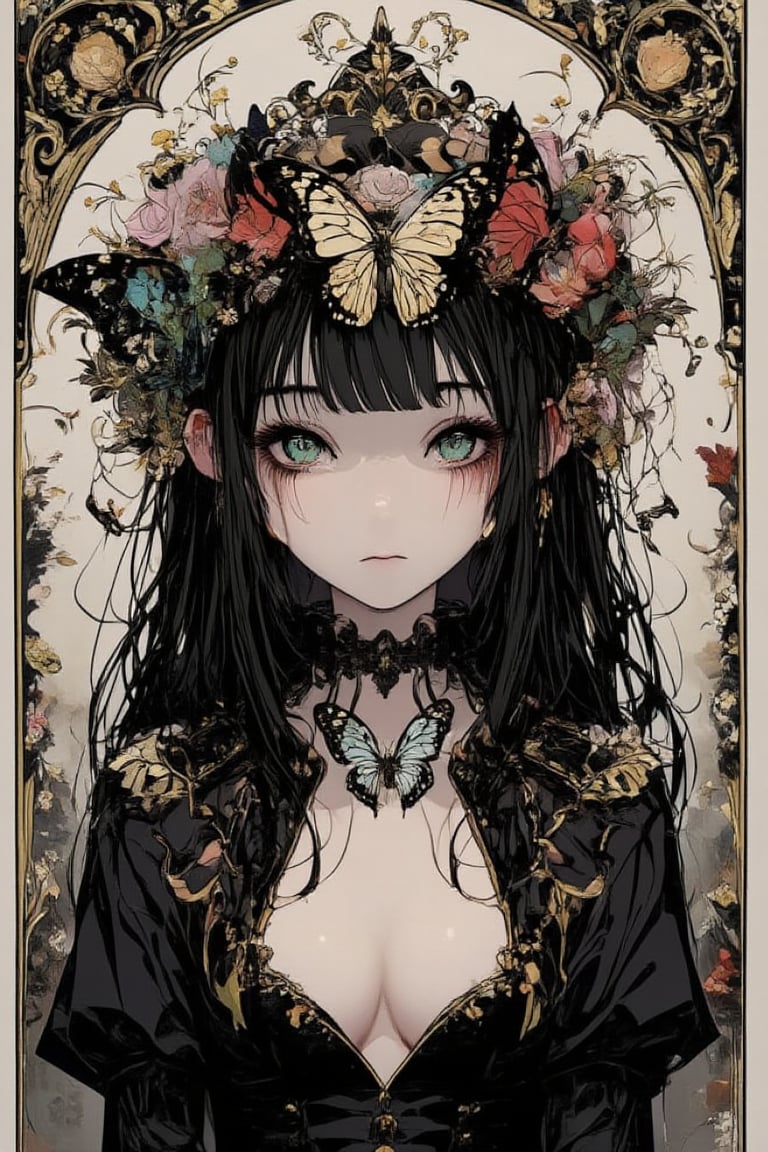 illustration, ink outline, fine detail rendered, color, A beautiful girl in her twenties in a gothic type costume with long black hair, green eyes with a butterfly choker looking at the  is looking at viewer crafted ornaments, detailed background, fantastic, mysterious, perfect composition, , (masterpiece:1.2), ((best quality, 8k, ultra-detailed, very clear)), perfect anatomy, anatomically correct hands, detailed hair, delicate hair expression, detailed eyes, beautiful face, beautiful eyes, extremely stylish, The most fashionable,FANGS