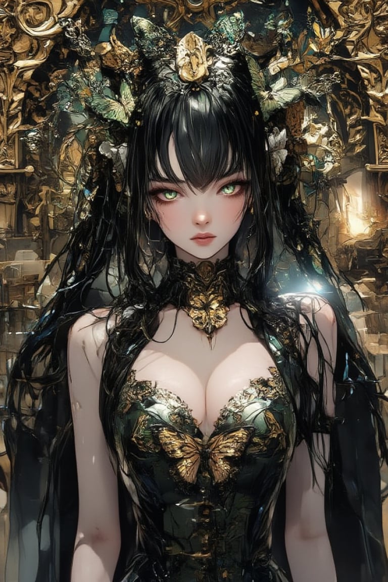 illustration, ink outline, fine detail rendered, color, A beautiful girl in her twenties in a gothic type costume with long black hair, green eyes with a butterfly choker looking at the  is looking at viewer crafted ornaments, detailed background, fantastic, mysterious, perfect composition, , (masterpiece:1.2), ((best quality, 8k, ultra-detailed, very clear)), perfect anatomy, anatomically correct hands, detailed hair, delicate hair expression, detailed eyes, beautiful face, beautiful eyes, extremely stylish, The most fashionable,FANGS