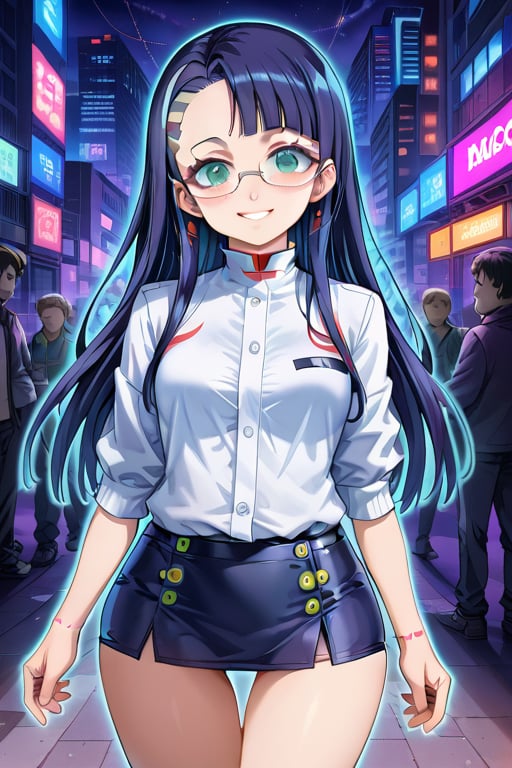 city,cyberpunk,(streetscape:1.1),(neons:1.2),ray tracing,street,night view, 1girl, black long hair, short skirt,  looking at viewer, thigh up body, earings, blush, outline, 2D manga artstyle, smile, Glasses
,  pisces, catwalk,Anitoon2,Black