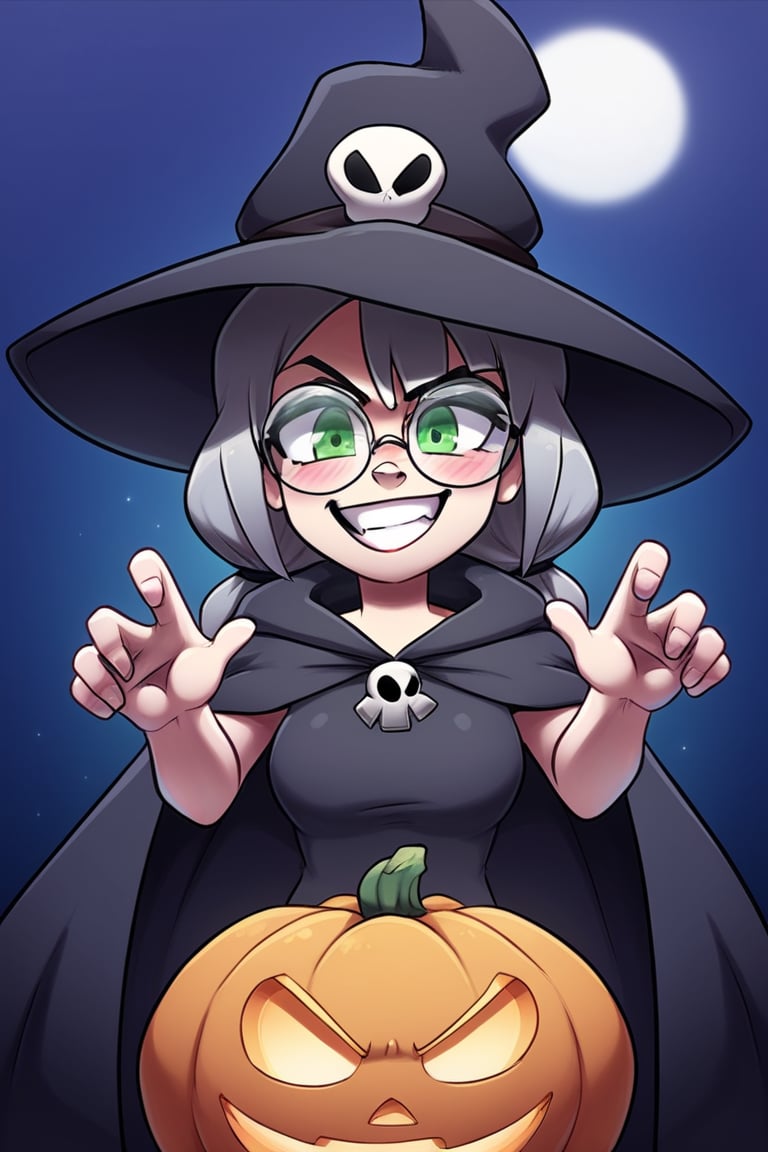 1girl, solo, (gray hair), green eyes, ahoge, (low-pigtail hairs:1.2), (black round frame glasses:1.2), (Witch hat), (Witch cloak), Witch dress, (cute pose), cobweb, (skull), pumpkin lantern, moon, blush, (In the forest at night), (eyes highlight), standing, ((upper body)), very beautiful girl, crazy smiling, slightly angry, himecut hairstyle, masterpiece quality, stunning image, masterpiece, 8K, stunning image, light particles, attractive image, reflections,  \medium\,Beautiful eyes,