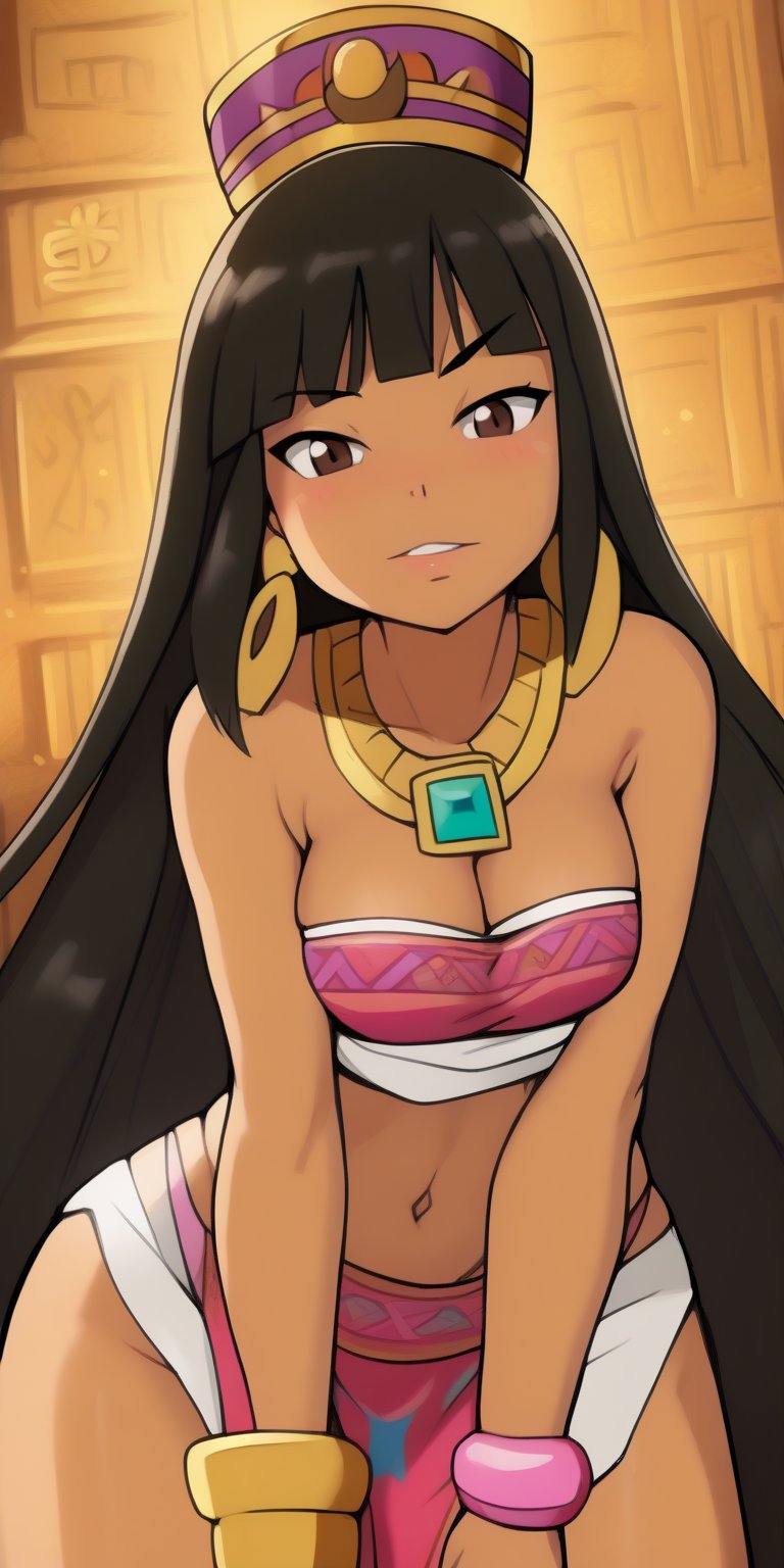 1.girl, Chel from el dorado, Latina, brunette, very long black hair, bangs above the eyes, dark brown eyes, square gold earrings, strapless top, white with pink, pink bracelets, long white skirt style loincloth, slender body with slim figure, naughty and sexy attitude.