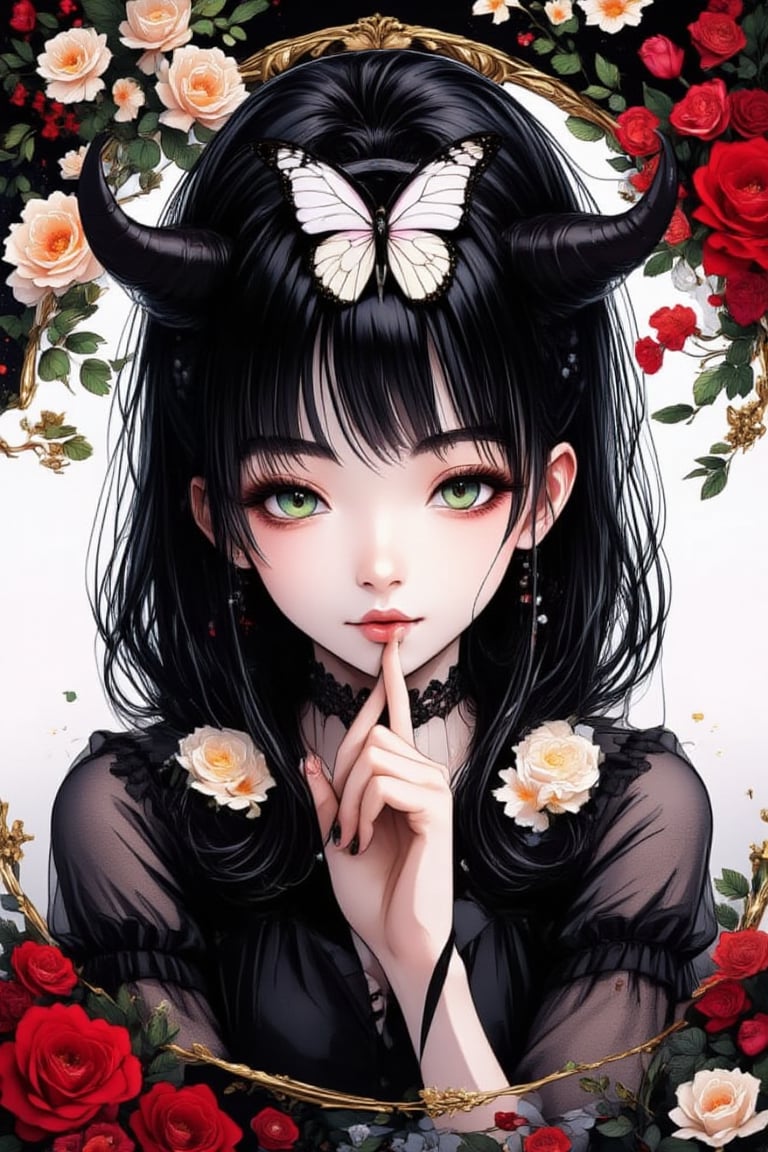 illustration, ink outline, fine detail rendered, color, A beautiful girl in her twenties in a gothic type costume with long black hair, green eyes with a butterfly choker looking at the  is looking at viewer crafted ornaments, detailed background, fantastic, mysterious, perfect composition, , (masterpiece:1.2), ((best quality, 8k, ultra-detailed, very clear)), perfect anatomy, anatomically correct hands, detailed hair, delicate hair expression, detailed eyes, beautiful face, beautiful eyes, extremely stylish, The most fashionable,FANGS