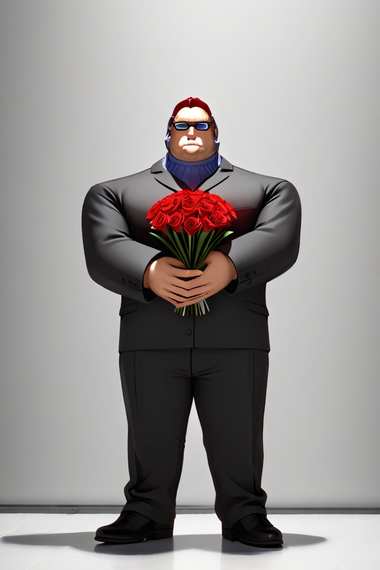 Bodyguard Placide I.T, alone, fit, defined body, full body, giving a bouquet of red flowers, looking at viewer, front view