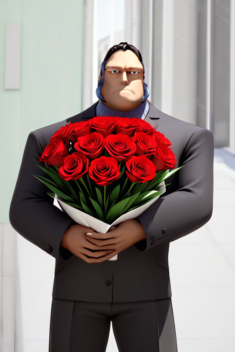 Bodyguard Placide I.T, alone, fit, defined body, giving a bouquet of red flowers, looking at viewer, front view