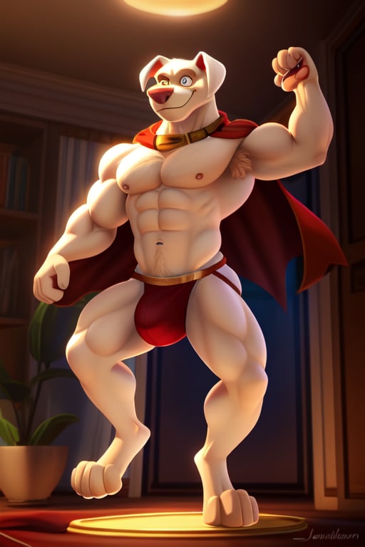 Krypto, single character, alone, single, 8k, 4k, bright light, standing, dog, male, fur, white fur, MUSCULAR, veiny muscles, foreskin, detailed fur, perfect eyes, nose, smile, detailed eyes, full body portrait, standing, high quality, cgi, tail, red cape, collar, red swimsuit, red jockstrap, large bulge, hyperbulge, floating in mid-air, levitating, feet, feet paws, paws, paw pads, detailed feet, feet focus, character looking at viewer, front view