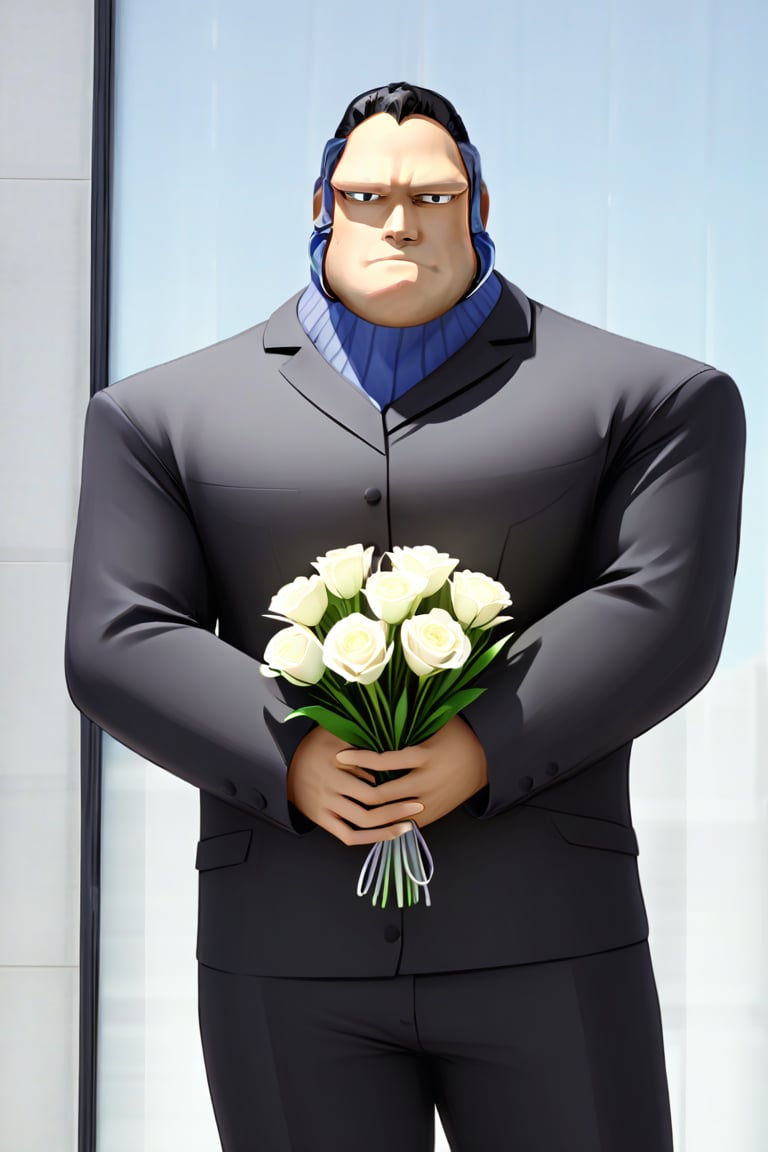 Bodyguard Placide I.T, alone, fit, defined body, full body, giving a bouquet of flowers, looking at viewer, front view