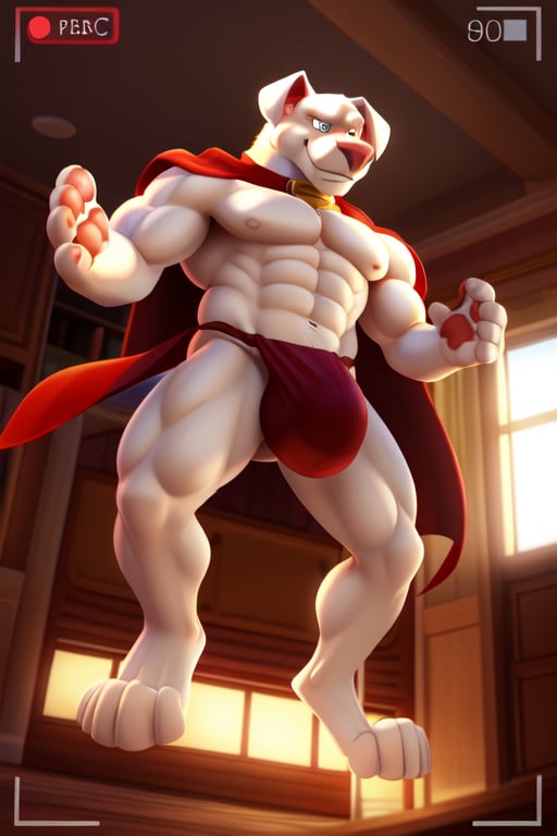 Krypto, single character, alone, single, 8k, 4k, bright light, standing, dog, male, fur, white fur, MUSCULAR, veiny muscles, foreskin, detailed fur, perfect eyes, nose, smile, detailed eyes, full body portrait, standing, high quality, cgi, tail, red cape, collar, red swimsuit, red fundoshi, large bulge, hyperbulge, floating in mid-air, levitating, feet, toe paws, paws, paw pads, detailed feet, feet focus, character looking down, camera view up, camera view from below,