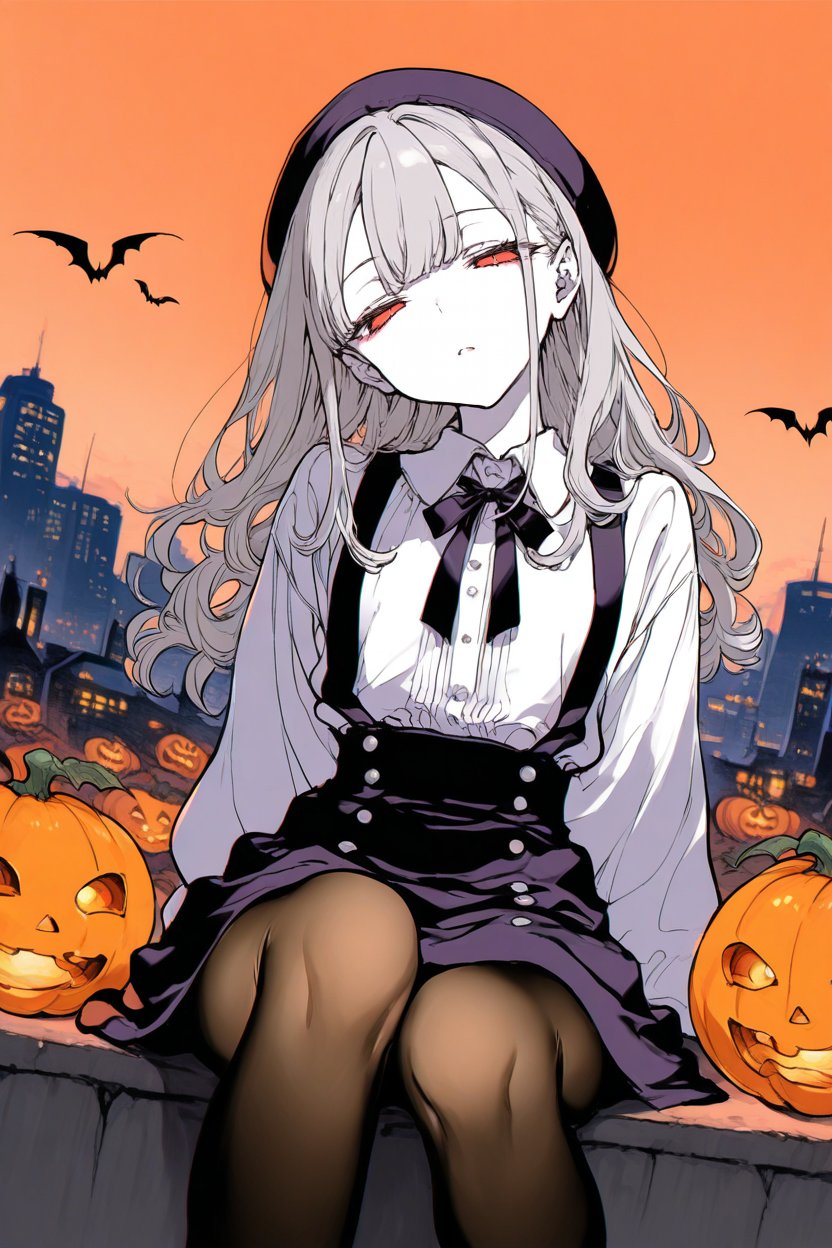 1girl, pale skin, grey hair, long hair, center-flap bangs, vampire, collared shirt, ribbon tie, suspender skirt, beret, pantyhose, sitting, headtilt, half-closed eyes, :(, bats, orange sky, jack-o-lantern, cityscape, masterpiece, best quality