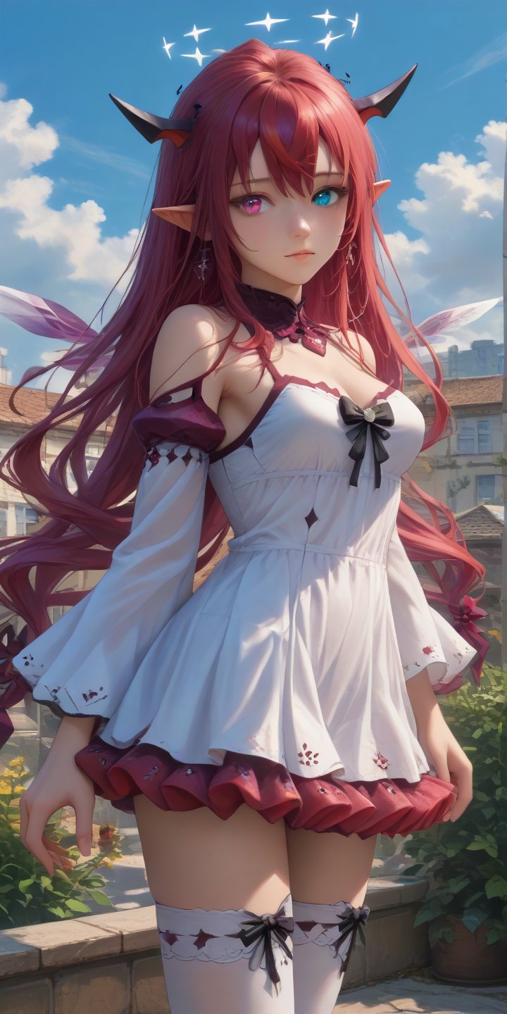 score_9, score_8_up, score_7_up, solo,
standing on roof, sky, garden,
young woman, medium breasts,
(blush:0.5), looking at viewer,
IrysBase, heterochromia, purple eye, blue eye, long hair, double halo, detached wings, short white dress, short skirt, detached sleeves, bare shoulders, purple thighhighs