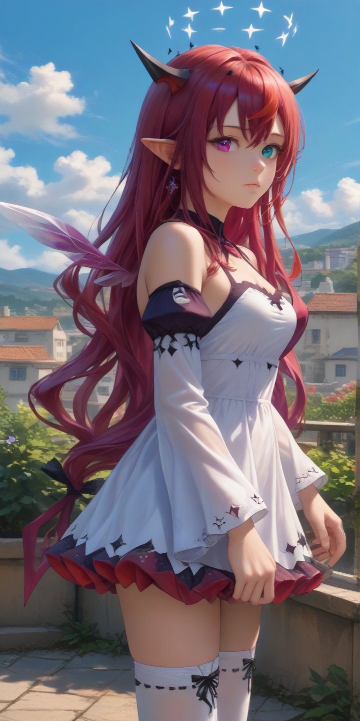 score_9, score_8_up, score_7_up, solo,
standing on roof, sky, garden,
young woman, medium breasts,
(blush:0.5), looking at viewer,
IrysBase, heterochromia, purple eye, blue eye, long hair, double halo, detached wings, short white dress, short skirt, detached sleeves, bare shoulders, purple thighhighs