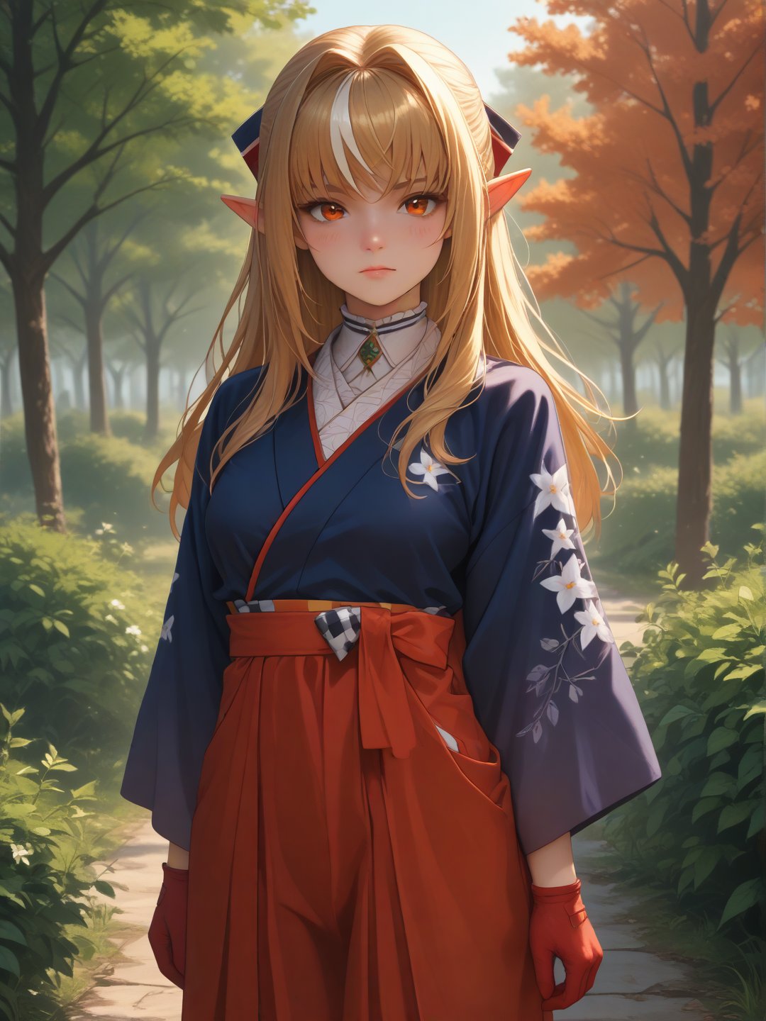 score_9, score_8_up, score_7_up,
standing, cowboy shot,
FlareNewYear, dark skin, long hair, blue kimono, floral print, red hakama, hakama skirt, gradient skirt, white undershirt, green brooch, red gloves
blush, looking at viewer,
bushes, shrubbery, overgrown park, outdoors, sunset