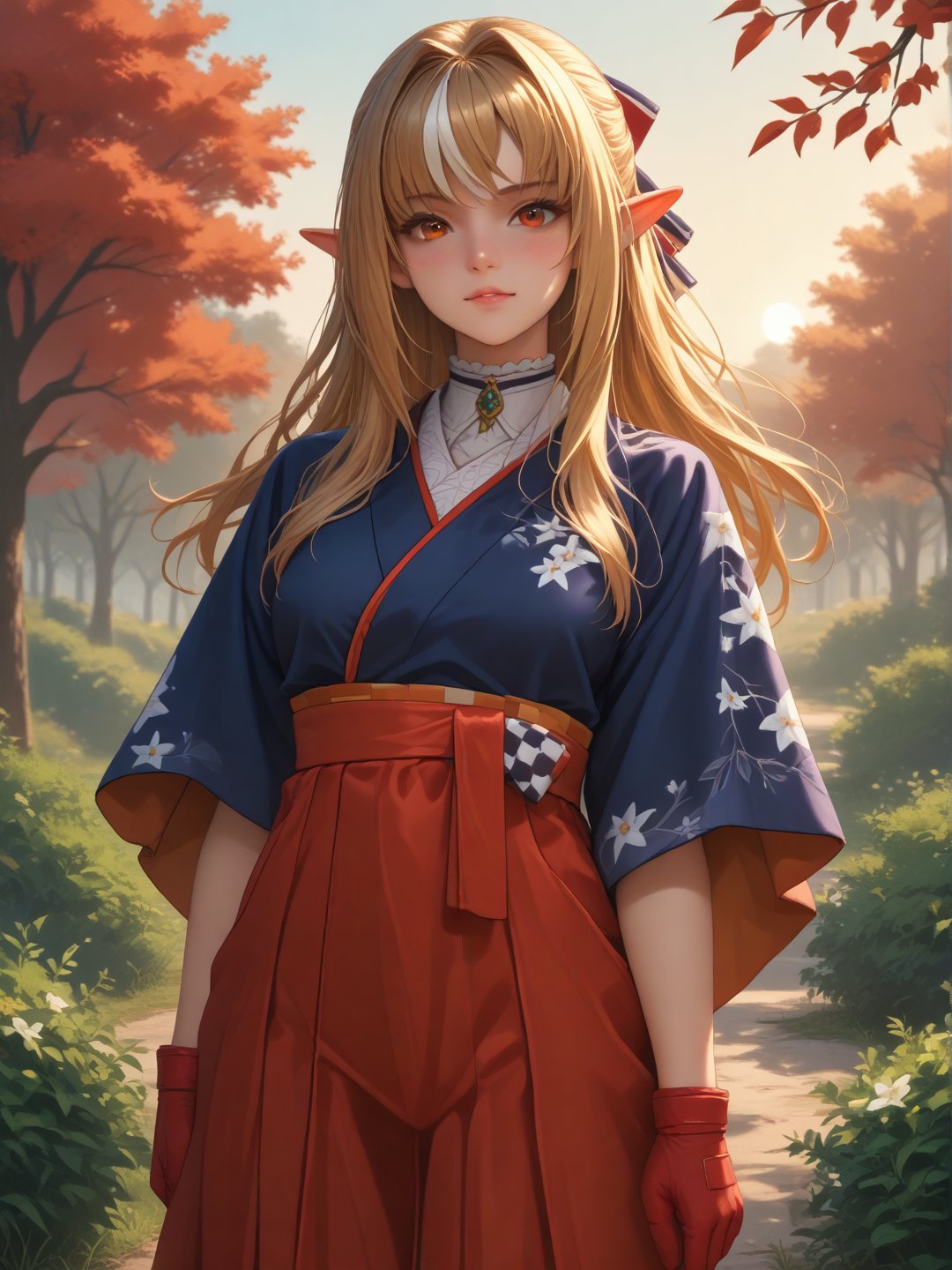 score_9, score_8_up, score_7_up,
standing, cowboy shot,
FlareNewYear, dark skin, long hair, blue kimono, floral print, red hakama, hakama skirt, gradient skirt, white undershirt, green brooch, red gloves
(happy:0.8), blush, looking at viewer,
bushes, shrubbery, overgrown park, outdoors, sunset