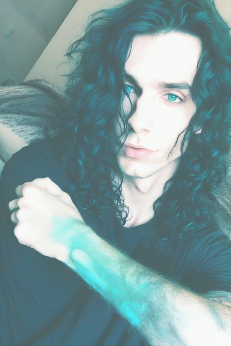 the world's most perfect metalhead boyfriend , Pale white skin, metalcore, male, tattoos, loveable, huggable , cuddly , warm hearted , precious ,sparkling eyes, affectionate , dimples, extremely soft kissable lips ,  long wavy turquoise hair , gentle soul , biggest sweetheart , adorable  , black shirt  , cute smile 