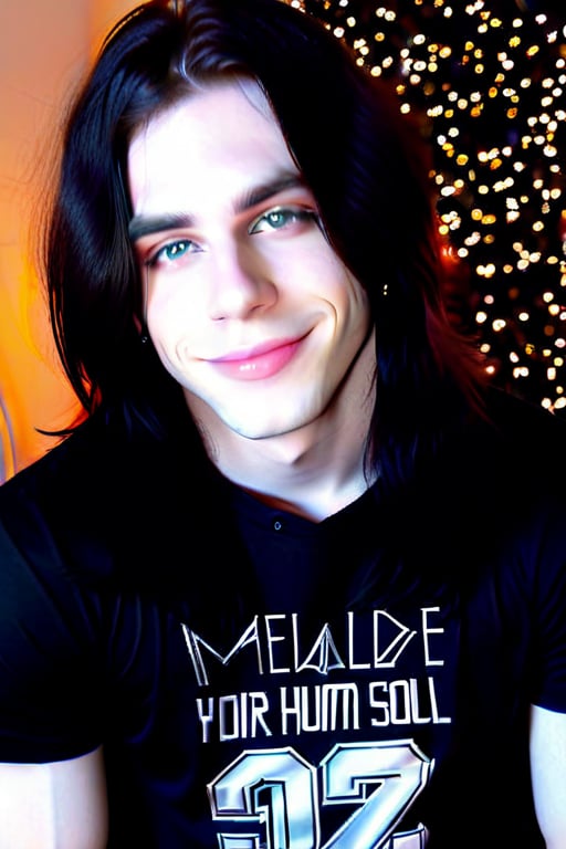 metalhead  , Pale white skin, metalcore, male, tattoos, loveable, huggable , cuddly , warm hearted , precious ,sparkling eyes, affectionate , dimples, extremely soft kissable lips ,really  long black  hair , gentle soul , biggest sweetheart , adorable , black shirt , cute smile , lip rings,  inlove,  hair past chest , thick  eyeliner