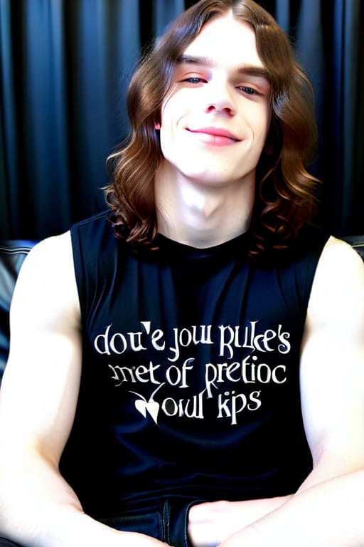 world's most perfect metalhead boyfriend , Pale white skin, metalcore, male, tattoos, loveable, huggable , cuddly , warm hearted , precious ,sparkling eyes, affectionate , dimples, extremely soft kissable lips , long fluffy brown  hair , gentle soul , biggest sweetheart , adorable , black shirt , cute smile , 