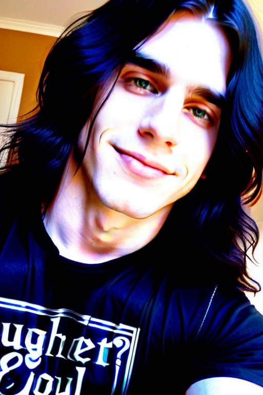 metalhead boyfriend , Pale white skin, metalcore, male, tattoos, loveable, huggable , cuddly , warm hearted , precious ,sparkling eyes, affectionate , dimples, extremely soft kissable lips ,really  long black  hair , gentle soul , biggest sweetheart , adorable , black shirt , cute smile , inlove,  hair past chest 