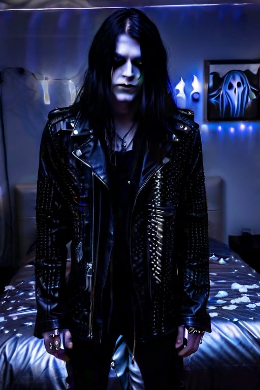 Goth boyfriend, metalhead  , male , goth  makeup, really thin eyebrows  , extremely long hair  , spiked leather jacket,   skinny leather pants , tattoos,  facial piercings , ghost white skin,   black shirt, dark creepy bedroom