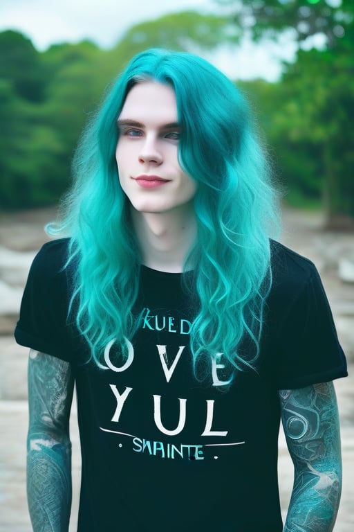 the world's most perfect metalhead boyfriend , Pale white skin, metalcore, male, tattoos, loveable, huggable , cuddly , warm hearted , precious ,sparkling eyes, affectionate , dimples, extremely soft kissable lips , really   long  wavy  
teal  hair , gentle soul , biggest sweetheart , adorable  , black shirt  , cute smile , skinny jeans standing  outside 