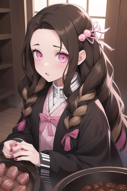 1girl, pink eyes, long nails, demon eyes forehead, two-tone hair, brown hair, black hair, kimetsu no yaiba,kamado nezuko, tall