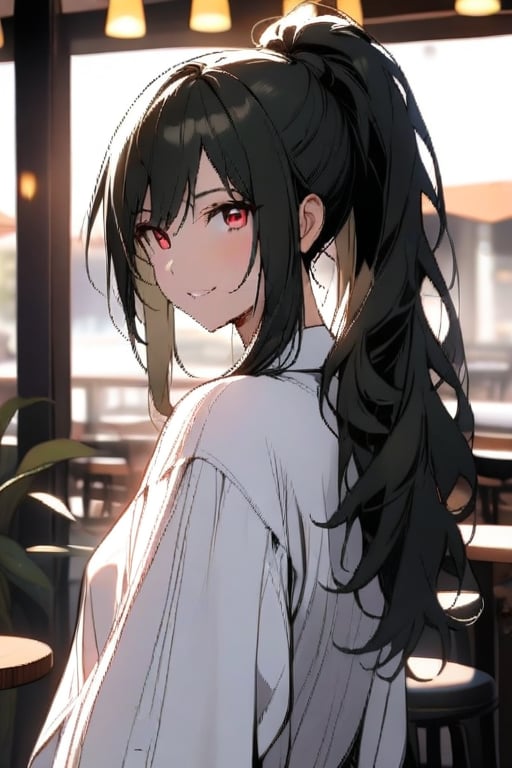 1girl, solo_female, long hair, green and black hair, ponytail, masterpiece, white shirt, red eyes, smiling, looking_at_the_viewer, wearing black lower, portrait, full body, tall girl, simple_background, outdoors in cafe, bright lighting, dramatic lighting, beautiful, lineart, standing