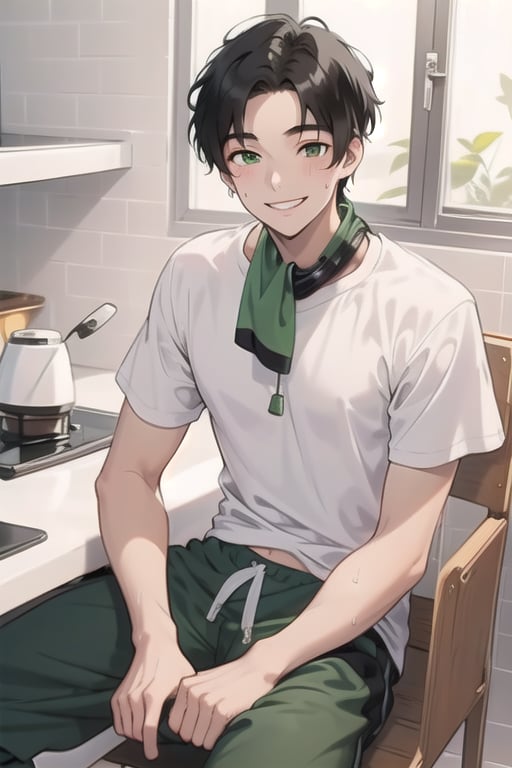 1boy, korean, short green and black hair, smiling, coffee on table, towel around neck, sitting on chair, white t shirt, sweatpants, kitchen background, handsome