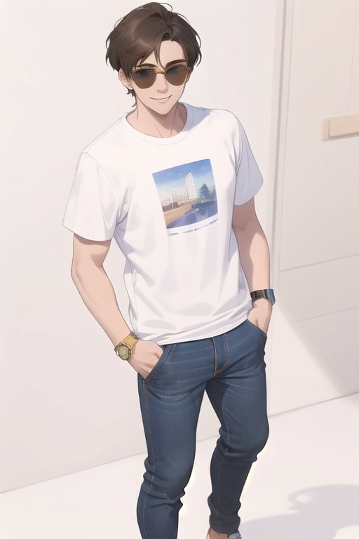 1boy with black hair, brown eyes, 22 years old, handsome, blue jeans and white t-shirt, sunglasses in brown color, Rolex watch, smiling, standing, full body