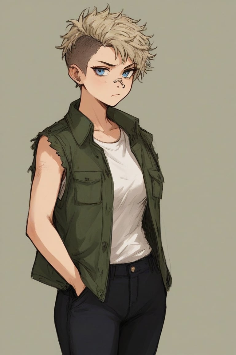 Tomboy, short messy dirty blonde hair, sleeveless green jacket, low-hanging black jeans, Nose piercing, Relaxed stance, bored look on face, Dark blue eyes, dirty clothes, 34 year old woman, manga sketch, score_9, score_8_up, racecar driver, sharp pencil drawing, sharp jawline, no make-up, full body, hands in pockets, standing_up, rough, white shirt, one side of head shaved