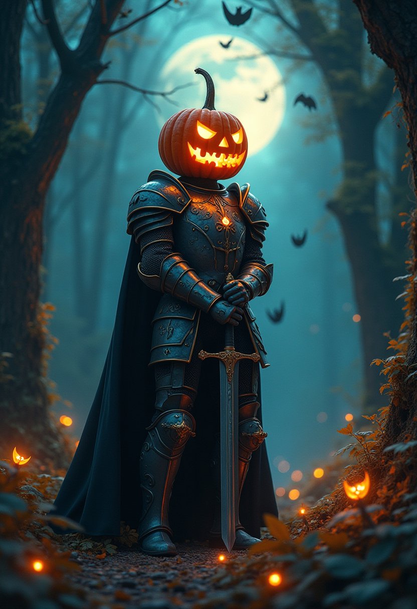 wide shot from above standing, head tilt, (a knight with a jack-o lantern instead of his head), awesome armor, holding a sword at his side set into the ground, set in an otherworldly enchanted forest, with glowing plants, magical creatures, and an enchanting ambiance , in the moonlight, 