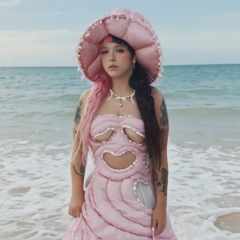 a girl who is entering the sea on a beach,  she wears a beautiful long white dress with a white hat with pearls for decora...