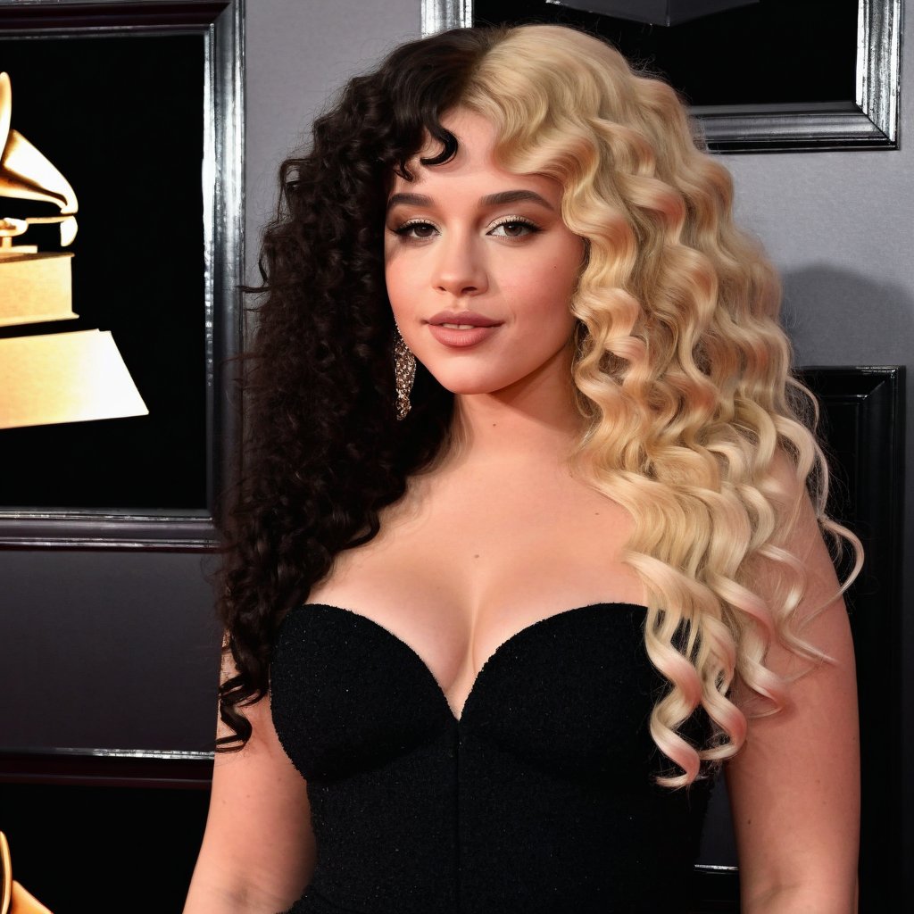 a girl who is standing posing as a model on a red carpet, wearing a beautiful dress, the girl has curly blonde hair black split dye, 4k, 18k, hairstyle, perfect face, After School, Melanie, Adele, Long hair, masterpiece high quality 18K, Hyperrealism, Realistic vision, rosy cheeks, realistic woman, a girl, Woman, best quality, woman, high quality, good lighting, A woman, with split hair, After School, girl, beauty, a girl who is posing as a model on a red carpet while her photos are taken, premiere, grammy, oscar, awards, the girl has fluffy curly hair, black split dye, blonde and black hair, she wears a beautiful dress, K-12 premiere, premiere, awards, carpet red, The Grammys, The Oscars, The Video Music Awards,Long curly split dye hair