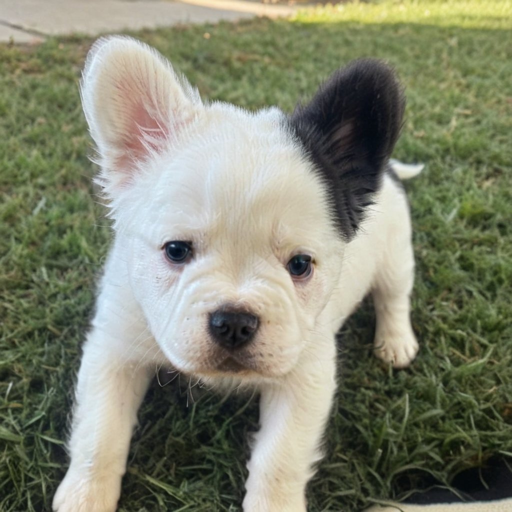 white little puppy with black one ear,stains, black stain in one ear