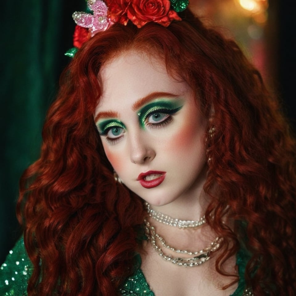 1girl, long curly red hair, green eyes, pale skin,make up, strong makeup, creative make up, crazy make up, rosy cheeks, long lashes, shiny hair, creative costume, creative outfit, full_body, jewelry, high quality 18K, Hyperrealism, Realistic vision, high eyes quality, high face quality, high resolution,Long curly red hair,Green eyes,Long curly red hair 