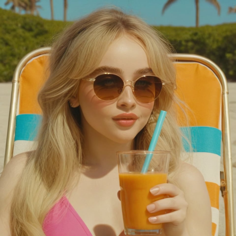 a girl who is sitting in a beach chair drinking a juice in a glass, beach background, 4k, 18k, hairstyle, perfect face, Espresso, Beach vibes, Summer vibes, Sabrina Carpenter, thick pink lips, masterpiece high quality 18K, Hyperrealism , Realistic vision, rosy cheeks, realistic woman, a girl, Woman, best quality, woman, high quality, good lighting, A woman, Short n Sweet, girl, beauty, a girl who is sitting in a beach chair while drinking a juice in a glass, beach vibes, bright light blue swimsuit, beach background, juice, cocktail, palm trees, coconut, sunscreen, sunglasses, sand, espresso, coquette, blonde hair curly, thick pink lips, Sabrina carpenter, Blue eyes, Rosy cheeks,Long wavy blonde hair with bangs