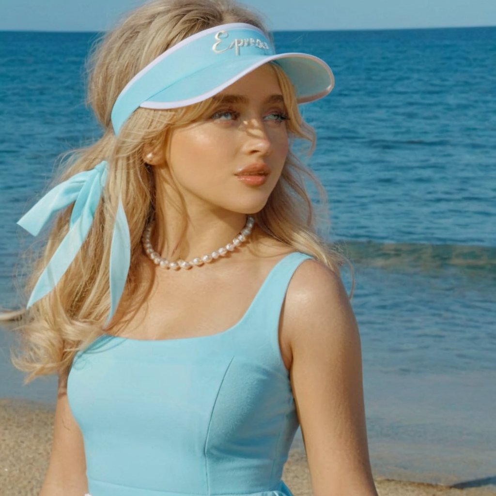 a girl who is entering the sea on a beach,  she wears a beautiful short light blue dress with a ligth blue sports visor th...