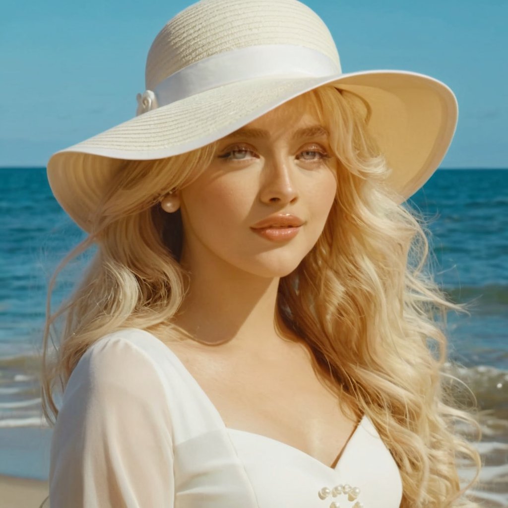 a girl who is entering the sea on a beach,  she wears a beautiful long white dress with a white hat that says "Espresso" w...