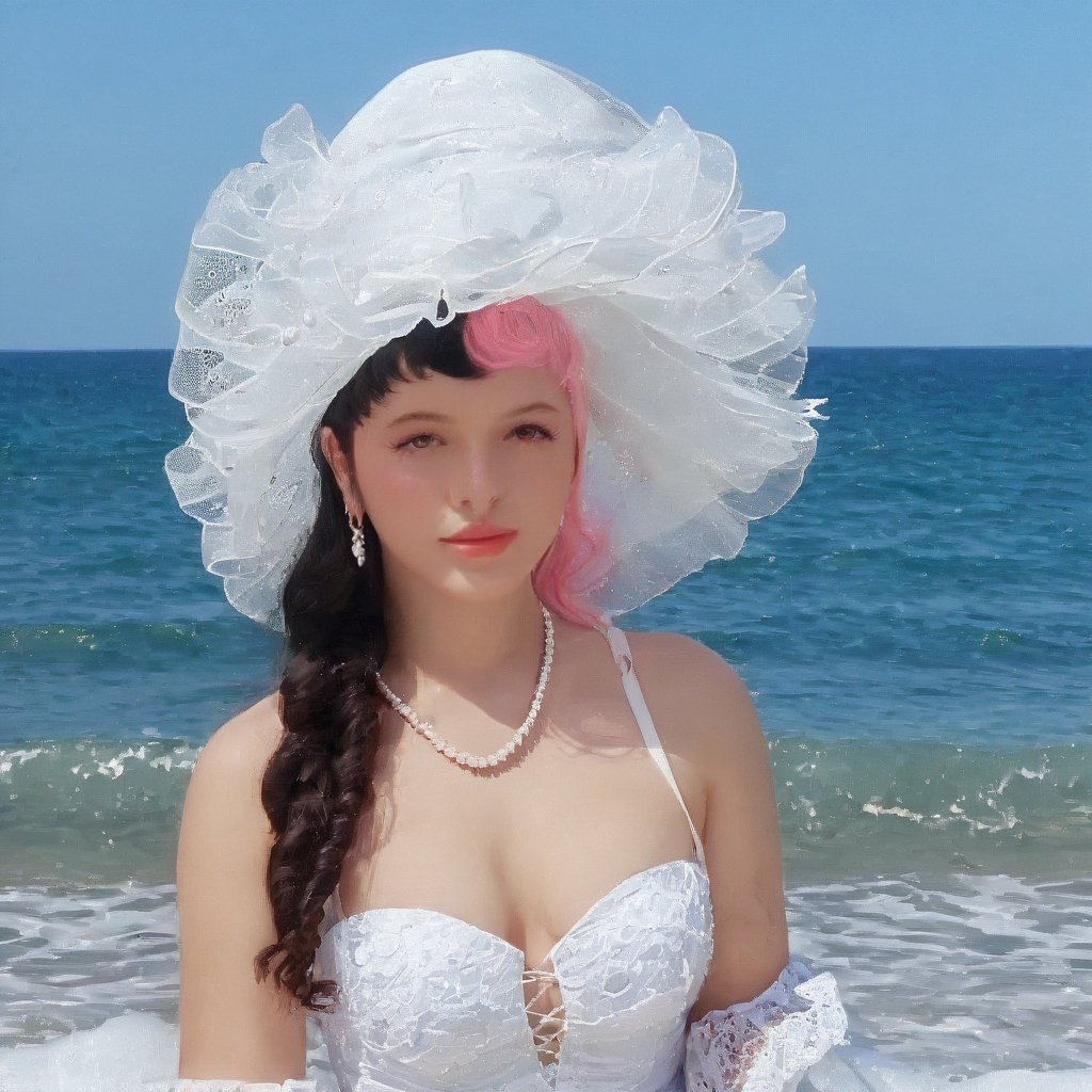 a girl who is entering the sea on a beach,  she wears a beautiful long white dress with a white hat with pearls for decora...