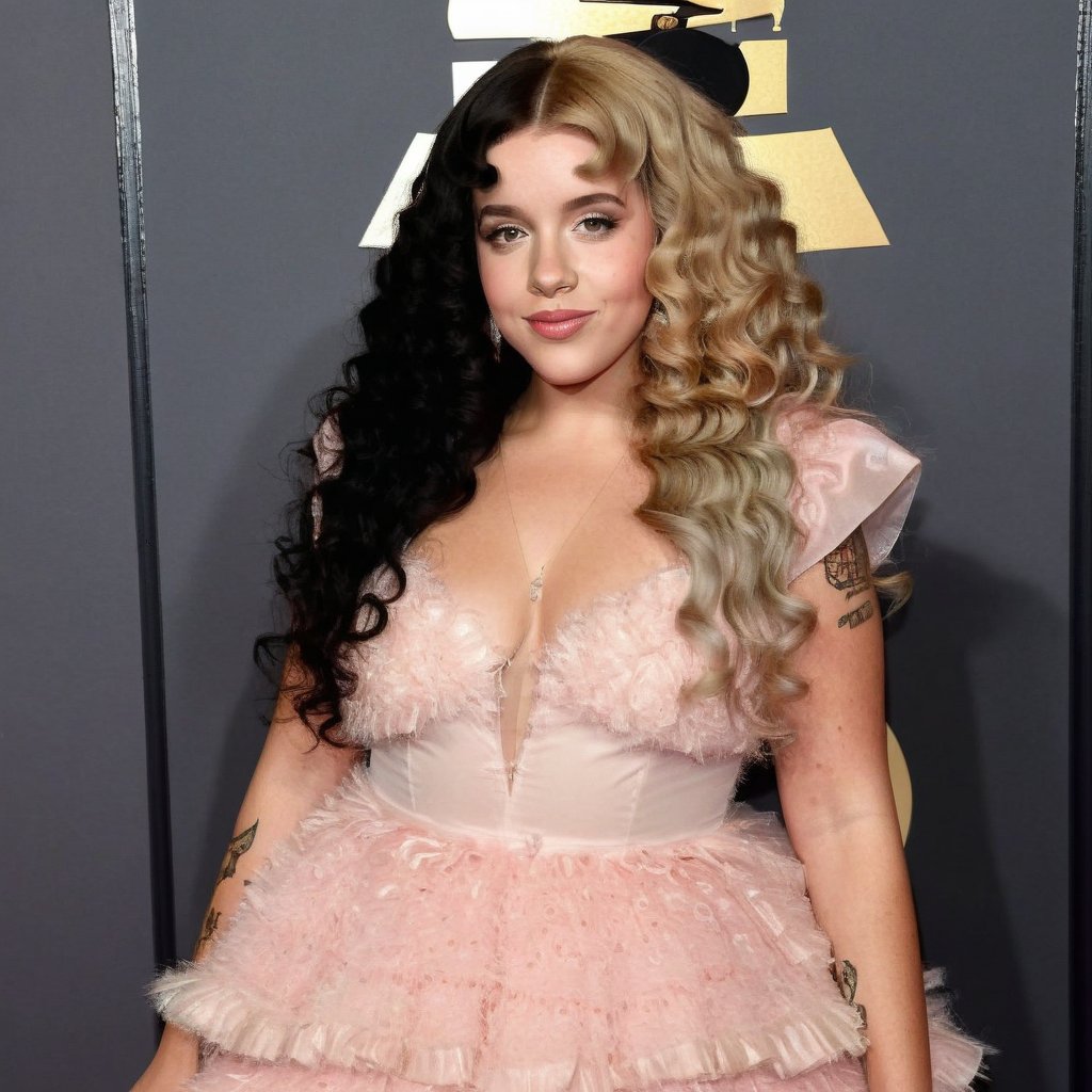 a girl who is standing posing as a model on a red carpet, wearing a beautiful dress, the girl has curly blonde hair black split dye, 4k, 18k, hairstyle, perfect face, After School, Melanie, Adele, Long hair, masterpiece high quality 18K, Hyperrealism, Realistic vision, rosy cheeks, realistic woman, a girl, Woman, best quality, woman, high quality, good lighting, A woman, with split hair, After School, girl, beauty, a girl who is posing as a model on a red carpet while her photos are taken, premiere, grammy, oscar, awards, the girl has fluffy curly hair, black split dye, blonde and black hair, she wears a beautiful dress, K-12 premiere, premiere, awards, carpet red, The Grammys, The Oscars, The Video Music Awards,Long curly split dye hair