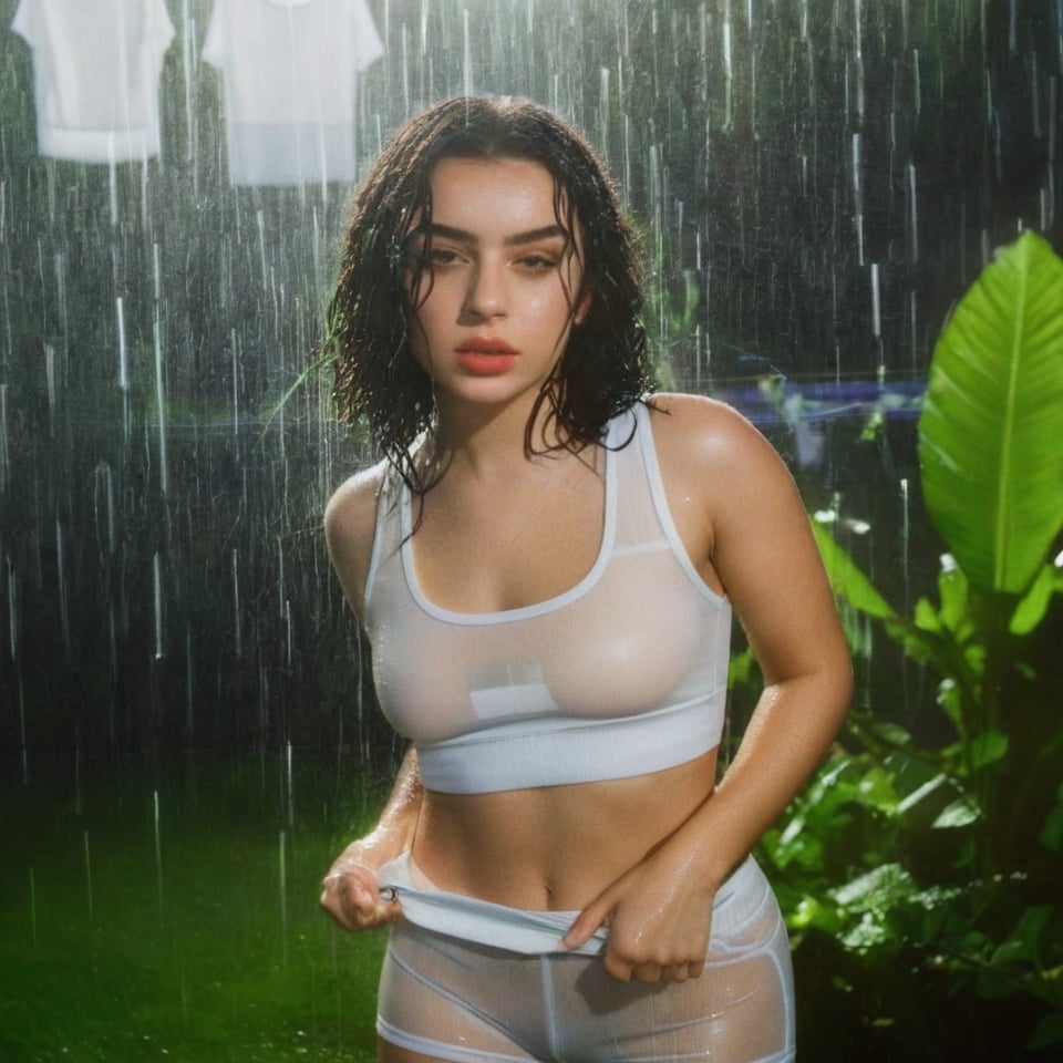 ,standing, full body, a girl who is getting wet in the rain while wearing a semi transparent white crop top and a semi transparent white shorts, she has wet dark brown hair that falls on her shoulders and dark brown eyes, 4k, 18k, hairstyle, perfect face , Brat, Charli a girl who is getting wet in the rain, while wearing a white semi transparent crop top and a semi transparent short white sports shorts, green vibes, Brat Vibes, green neon, Y2K, city background, park background, rain, Brat, dark brown eyes , wet dark brown hair, red lips, Brat vibes, Brat and it's the same but it has 3 more songs so it's not the same,Long curly black wet hair,Brown eyes