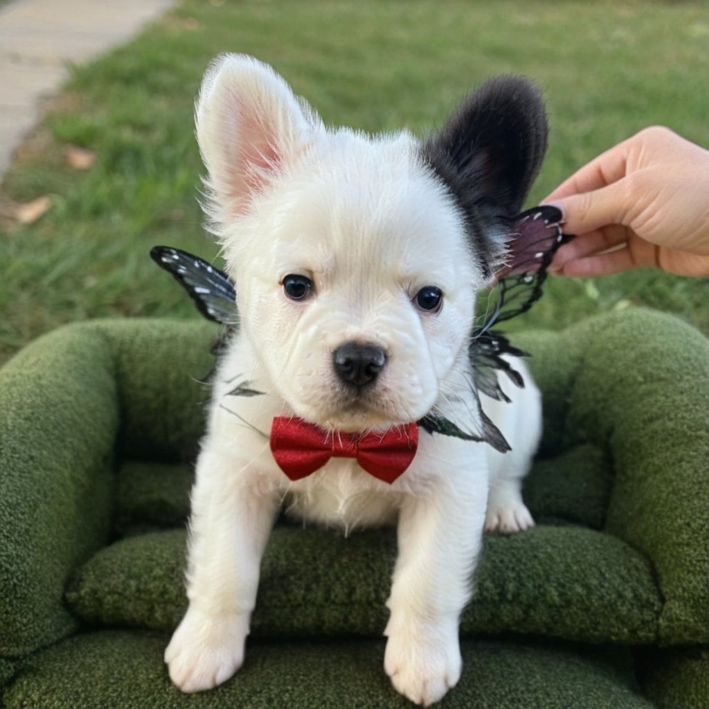 white little puppy with black one ear,stains, black stain in one ear, with fairy wings 