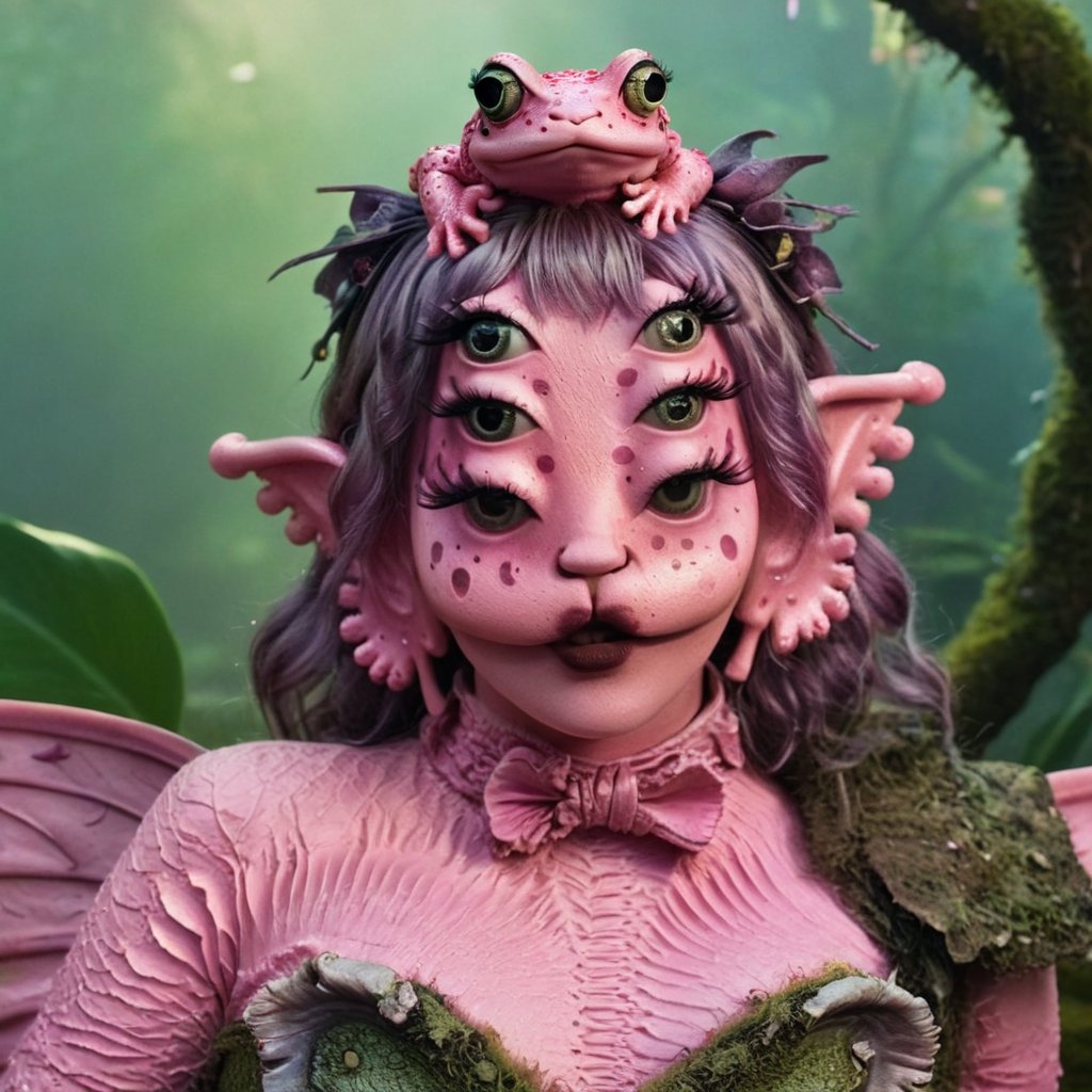 Pink and purple makeup, gorgeous makeup, a girl , she has a green frog with little fairy wings  in her hands, frog, frog on a branch , frog00, pink skin, four eyes, Full body, dark pink short curly hair, cured and detailed outfit, her hair is long and wavy, her hair is long, 4k, 18k, hairstyle, perfect face, Melanie, Adele, Long hair, masterpiece high quality 18K, Hyperrealism, Realistic vision, rosy cheeks, realistic woman, a girl, Woman, best quality, woman, high quality, good lighting, A woman, space00, Long hair, Pink skin, four eyes , Fancy, model, A woman. Pink and purple makeup, gorgeous makeup, long train skirt, frog00, pink skin, four eyes, Full body, a girl, dark pink short curly hair, cured and detailed outfit, her hair is long and wavy, her hair is long, 4k , 18k, hairstyle, perfect face, Melanie, Adele, Long hair, masterpiece high quality 18K, Hyperrealism, Realistic vision, rosy cheeks, realistic woman, a girl, Woman, best quality, woman, high quality, good lighting, A woman, frog00, Long hair, Pink skin, four eyes, Fancy, model, A woman