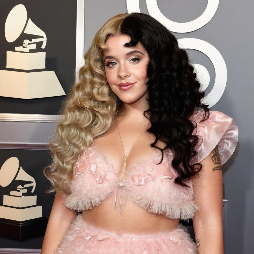 a girl who is standing posing as a model on a red carpet, wearing a beautiful dress, the girl has curly blonde hair black split dye, 4k, 18k, hairstyle, perfect face, After School, Melanie, Adele, Long hair, masterpiece high quality 18K, Hyperrealism, Realistic vision, rosy cheeks, realistic woman, a girl, Woman, best quality, woman, high quality, good lighting, A woman, with split hair, After School, girl, beauty, a girl who is posing as a model on a red carpet while her photos are taken, premiere, grammy, oscar, awards, the girl has fluffy curly hair, black split dye, blonde and black hair, she wears a beautiful dress, K-12 premiere, premiere, awards, carpet red, The Grammys, The Oscars, The Video Music Awards,Long curly split dye hair