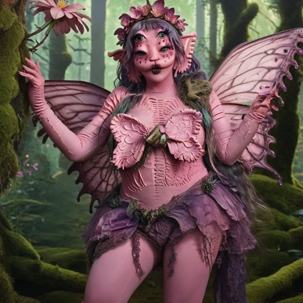 Pink and purple makeup, gorgeous makeup, a girl standing in a forest with fairy wings, she has a green frog with little fairy wings  in her hands, near her there is a branch with small flowers and moss, forest, flowers, frog, frog on a branch , branch with flowers, frog00, pink skin, four eyes, Full body, dark pink short curly hair, cured and detailed outfit, her hair is long and wavy, her hair is long, 4k, 18k, hairstyle, perfect face, Melanie, Adele, Long hair, masterpiece high quality 18K, Hyperrealism, Realistic vision, rosy cheeks, realistic woman, a girl, Woman, best quality, woman, high quality, good lighting, A woman, space00, Long hair, Pink skin, four eyes , Fancy, model, A woman. Pink and purple makeup, gorgeous makeup, long train skirt, rama00, pink skin, four eyes, Full body, a girl, dark pink short curly hair, cured and detailed outfit, her hair is long and wavy, her hair is long, 4k , 18k, hairstyle, perfect face, Melanie, Adele, Long hair, masterpiece high quality 18K, Hyperrealism, Realistic vision, rosy cheeks, realistic woman, a girl, Woman, best quality, woman, high quality, good lighting, A woman, flowers00, Long hair, Pink skin, four eyes, Fancy, model, A woman