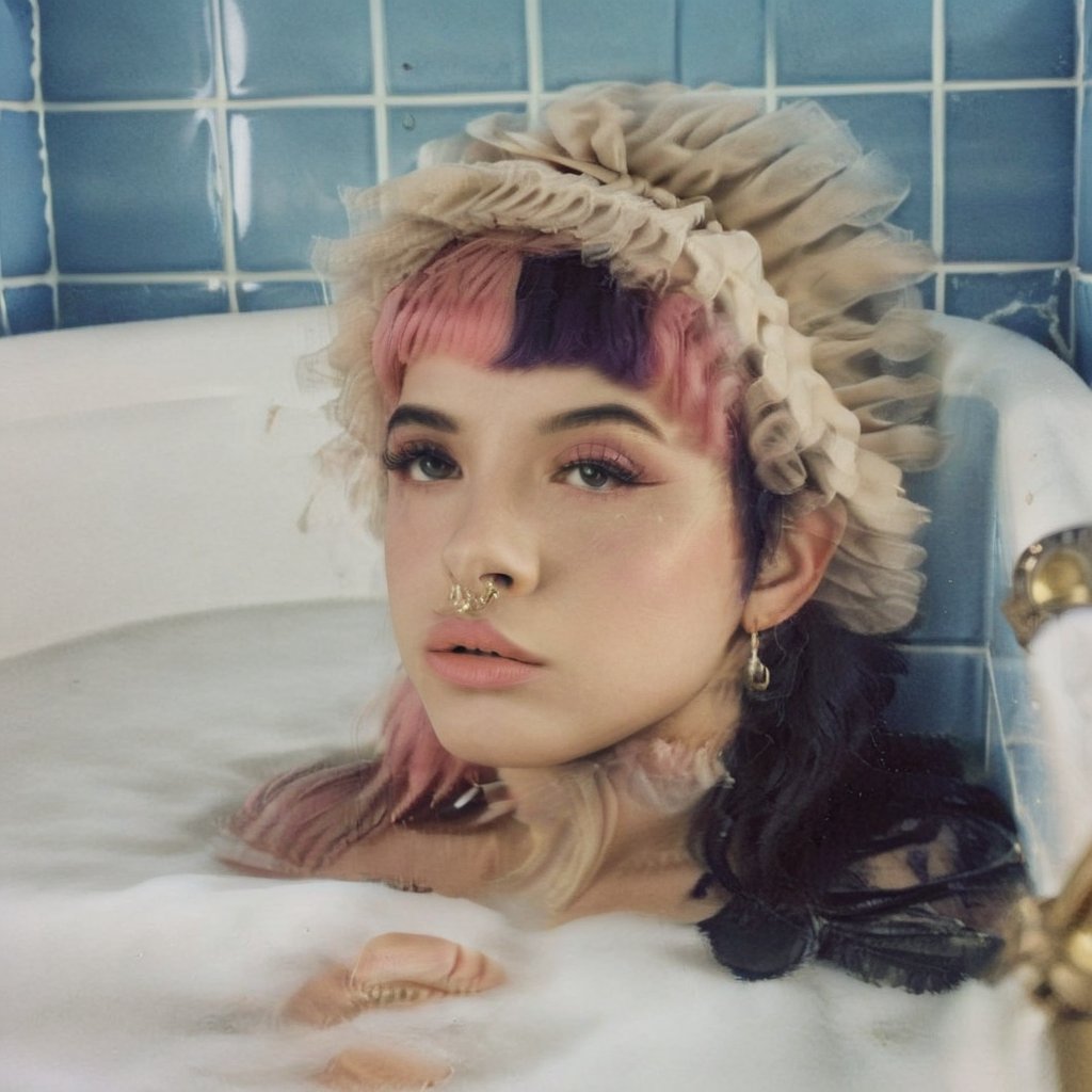 1girl, long straight split dye mullet hair with bangs, black and pink hair, light gray tulle frill shepherd's hat, bath, bathroom, a tub of water,  blue tiles, retro style, retro, retro colors, nose ring, brown eyes, cute face, long lashes, gold elements, lips dirty pink, black eyebrows, pale skin, high quality 18K, Hyperrealism, Realistic vision, rosy cheeks, freckles, high eyes quality, high face quality