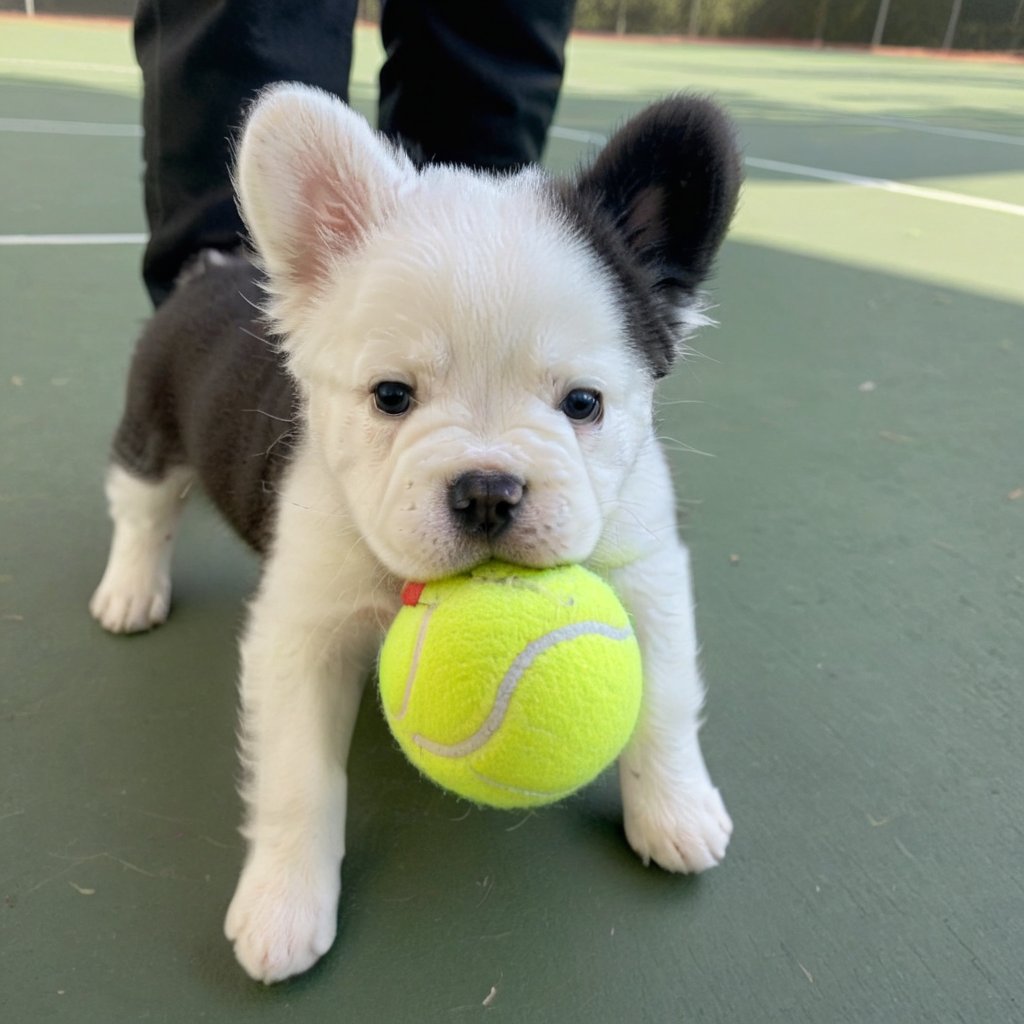 white little puppy with black one ear,stains, black stain in one ear, bitting a ball of tenis