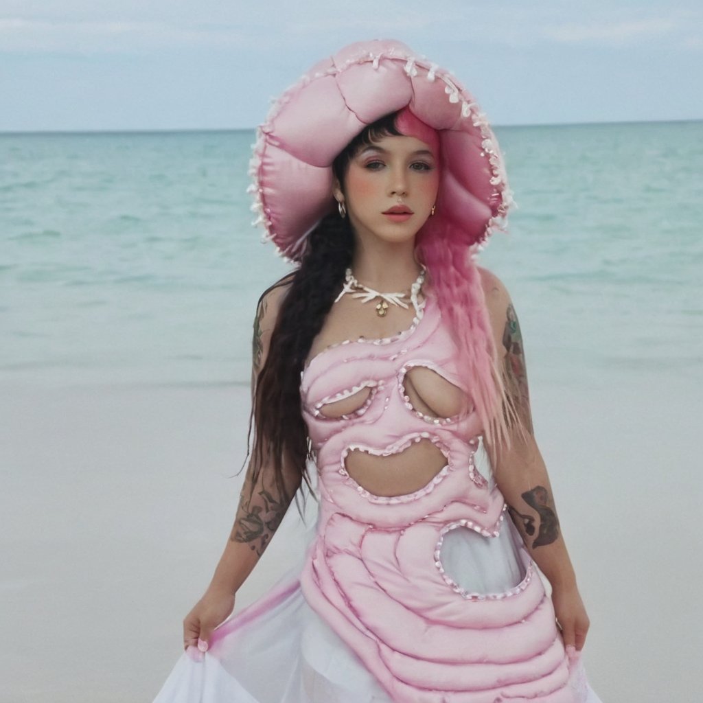 a girl who is entering the sea on a beach,  she wears a beautiful long white dress with a white hat with pearls for decora...