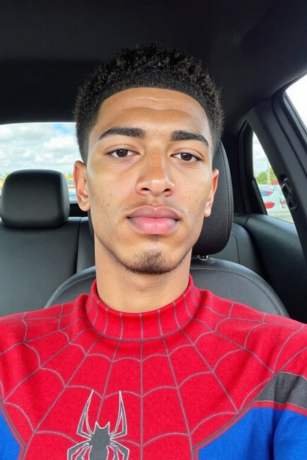 Close-up shot of Jude Bellingham's face, wearing a Spider-Man suit, taken with an Instagram selfie camera. The image is rendered in stunning UHD and 8K resolution, showcasing every detail of his skin pores. Perfect lighting illuminates his features, with the interior of a sleek car providing a modern backdrop. His superhero-inspired attire adds a pop of color to the composition.