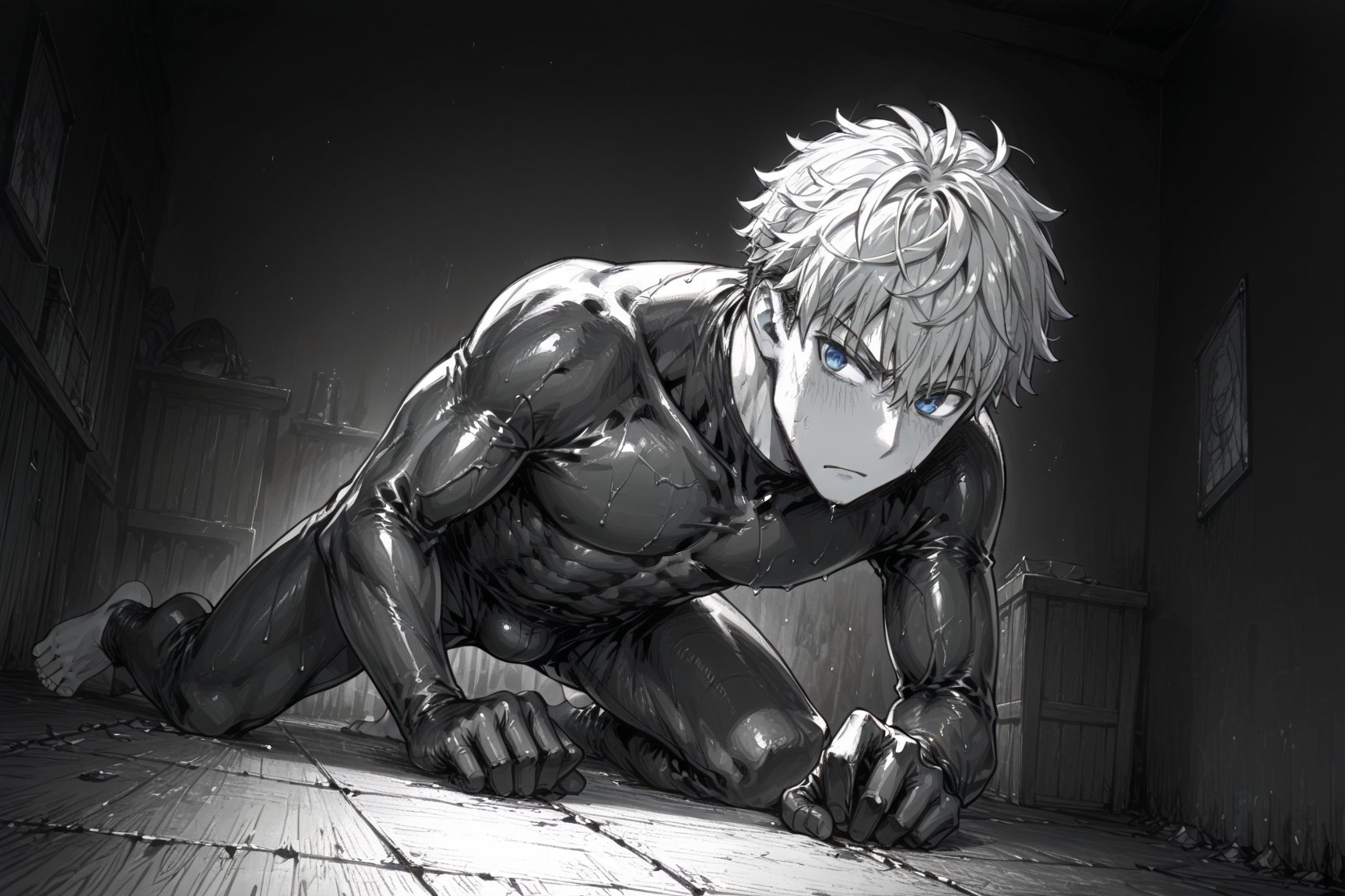 score_8_up, score_7_up, Expressiveh, masterpiece, best quality, best aesthetics, perfect anatomy, perfect proportions, high resolution, good colors, bright skin, good shading, good eyes, countershading, well detailed background, BREAK, male focus, male, solo, 1boy, loid forger, blonde hair, blue eyes, ruffled hair, narrowed slanted sharp eyes, slim, athletic,  BREAK, kneeling on all four, crawling forward, black latex suit, barefoot, hiding, full body, on side, dutch angle, alone, serious face, darkness background, empty room, stealth, looking away, hands on floor, empty room, monochrome, no humans, scenery, dark, horror \(theme\)