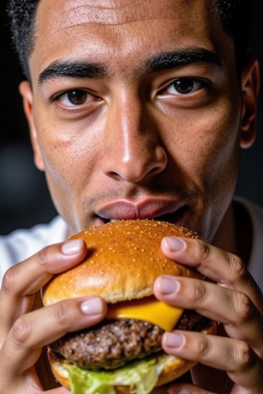 Close-up shot of Jude Bellingham's hands holding a gargantuan burger, lit by softbox overhead with subtle shadows on his facial features. The camera captures every nuance of his expression as he takes a massive bite, the juicy patty and crispy bun detailed in ultra-high definition (8K). His skin pores shine with realistic texture, as if you could reach out and touch the sweat glistening on his forehead.