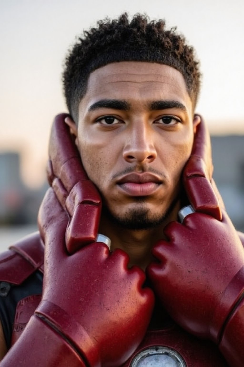 Jude Bellingham donning a convincing Iron Man cosplay, opens the iconic face mask to reveal his determined expression. Soft natural light illuminates the scene, highlighting every detail of his skin, including pores, in breathtaking 4K and 8K resolutions. Framed by a cityscape at dusk, Jude's pose exudes confidence as he gazes out into the distance.