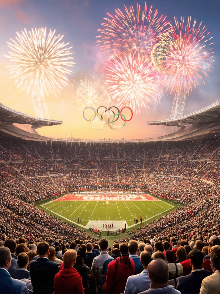 Cinematic depiction of the 2024 Olympic Games opening ceremony in Paris,  featuring colossal 2024 Olympic rings unfurling...